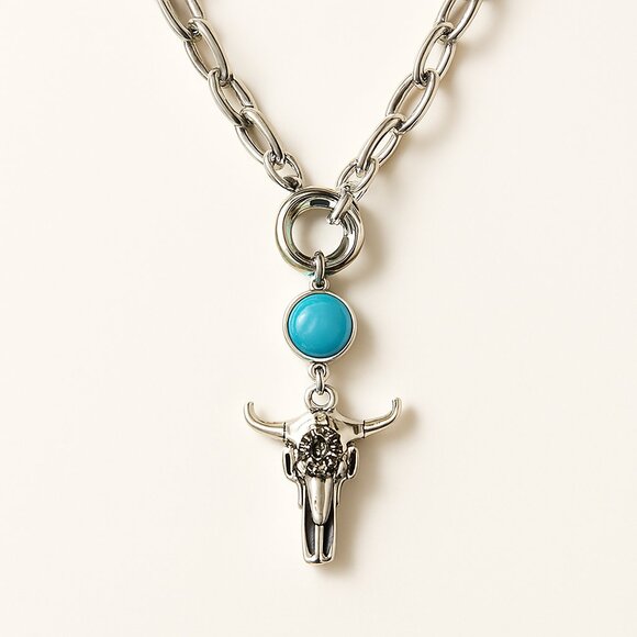Calvin Klein Silver Bull Skull Pendant Necklace Turquoise Stone – Boho Jewelry - Picture 2 of 10